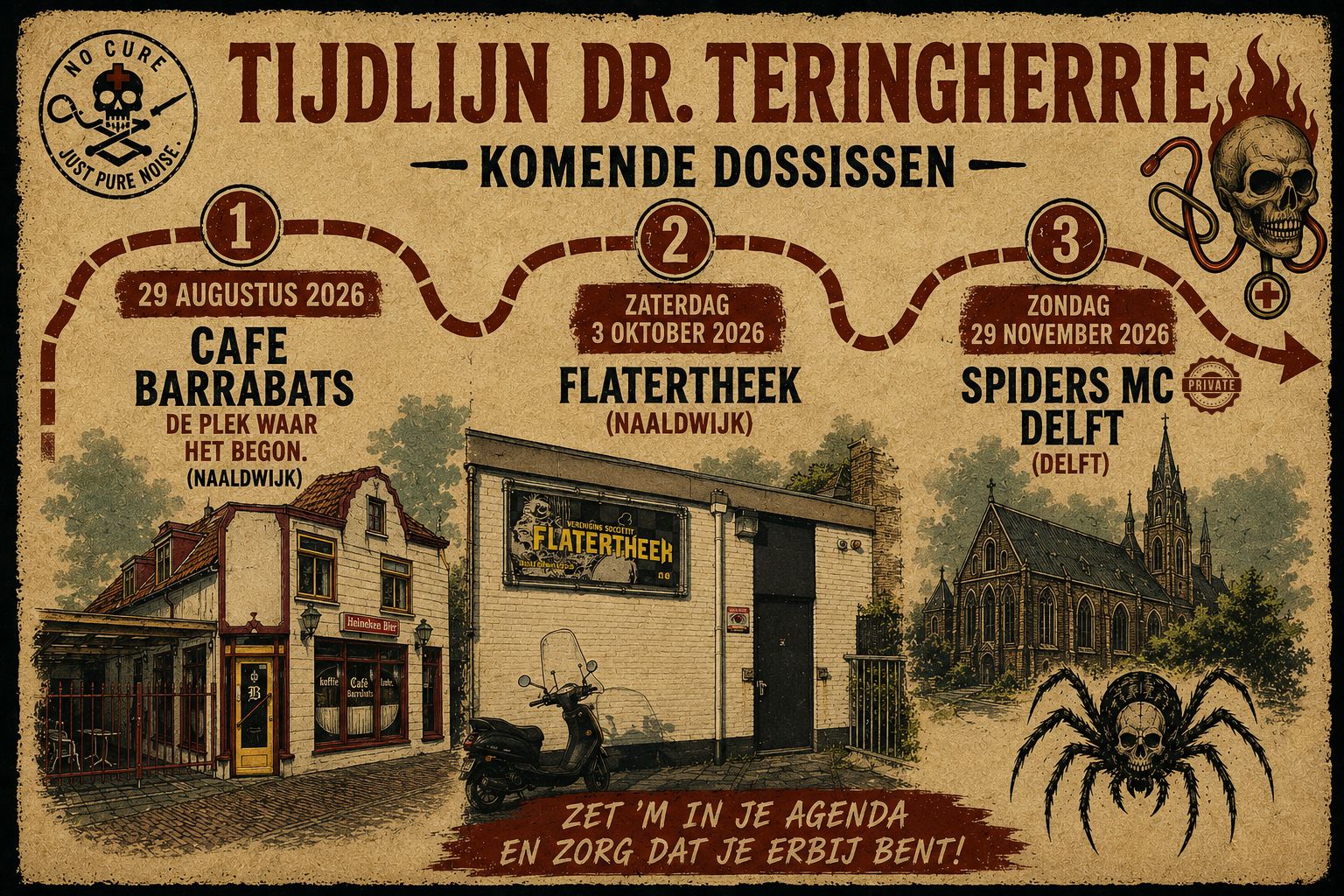 Tijdlijn Dr. Teringherrie – komende dossissen: Barrabats, Flatertheek, Spiders MC Delft